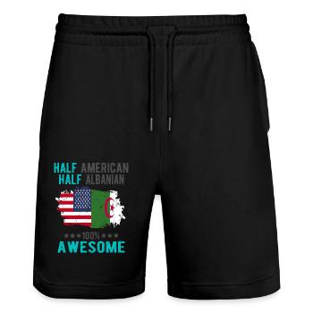 Halb Amerikaner Halb Albaner - Stanley/Stella Unisex Bio Joggingshorts Trainer  - Schwarz - Vorne - Nik (191cm) & Marisol (170cm)