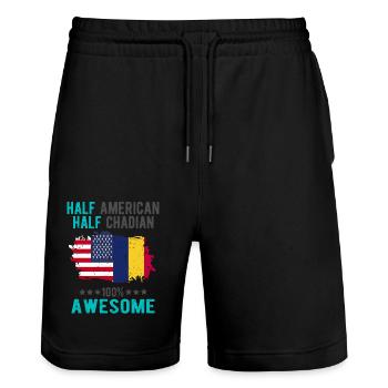 Half American, half Chader - Stanley/Stella Trainer Unisex Organic Jogging Shorts - black - Front - Nik (191cm) & Marisol (170cm)