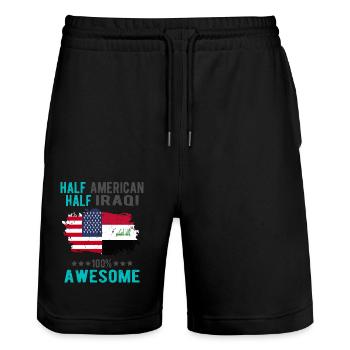 Halb Amerikaner Halb Iraki - Stanley/Stella Unisex Bio Joggingshorts Trainer  - Schwarz - Vorne - Nik (191cm) & Marisol (170cm)