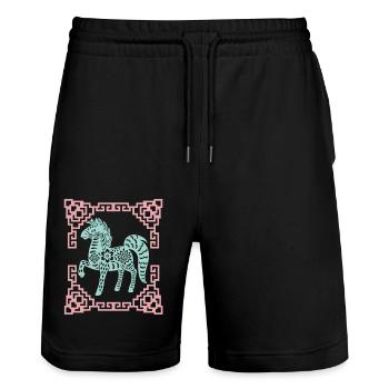 Jahr des Pferdes, Chinesisches Horoskop China - Stanley/Stella Unisex Bio Joggingshorts Trainer  - Schwarz - Vorne - Nik (191cm) & Marisol (170cm)