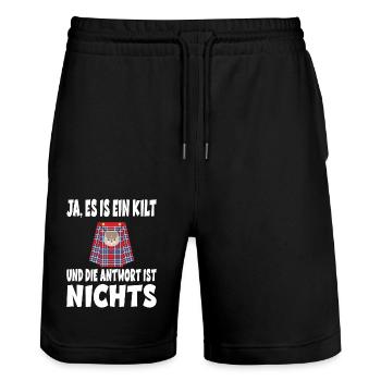 Ja ES IST EIN KILT UND DIE ANTWORT IST NICHTS - Stanley/Stella Unisex Bio Joggingshorts Trainer  - Schwarz - Vorne - Nik (191cm) & Marisol (170cm)