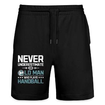 Never underestimate an old man who plays handball - Stanley/Stella Unisex Bio Joggingshorts Trainer  - Schwarz - Vorne - Nik (191cm) & Marisol (170cm)