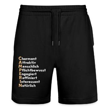 Camper Design – Eigenschaften einer Camperin - Stanley/Stella Unisex Bio Joggingshorts Trainer  - Schwarz - Vorne - Nik (191cm) & Marisol (170cm)