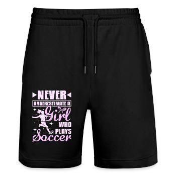Never underastemate a girl who plays Soccer - Stanley/Stella Unisex Bio Joggingshorts Trainer  - Schwarz - Vorne - Nik (191cm) & Marisol (170cm)