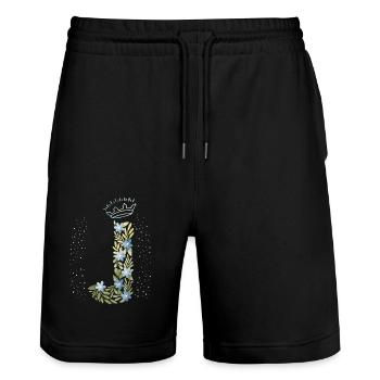 Monogram letter J with crown, floral ornament - Stanley/Stella Trainer Unisex Organic Jogging Shorts - black - Front - Nik (191cm) & Marisol (170cm)