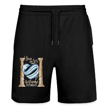 Greece, Sun and Sea Ancient Ruins - Stanley/Stella Trainer Unisex Organic Jogging Shorts - black - Front - Nik (191cm) & Marisol (170cm)