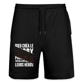 Dieu créa le rugby humour sport - Short de jogging bio TRAINER Stanley/Stella unisexe - noir - Devant - Nik (191cm) & Marisol (170cm)