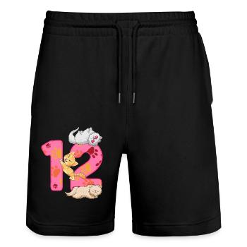 Chaton de 12 ans | Chemise d’anniversaire de chat - Short de jogging bio TRAINER Stanley/Stella unisexe - noir - Devant - Nik (191cm) & Marisol (170cm)