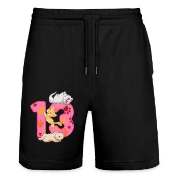 Chaton de 13 ans | Chemise d’anniversaire de chat - Short de jogging bio TRAINER Stanley/Stella unisexe - noir - Devant - Nik (191cm) & Marisol (170cm)