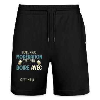 boire modération boire avec prénom c'est mieux - Short de jogging bio TRAINER Stanley/Stella unisexe - noir - Devant - Nik (191cm) & Marisol (170cm)