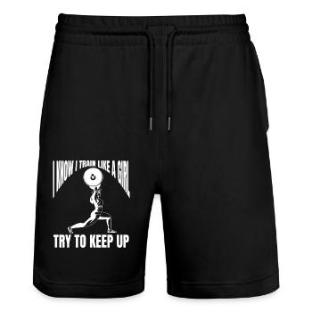 Fitness Frau Training Mädchen Bodybuilderin Muskel - Stanley/Stella Unisex Bio Joggingshorts Trainer  - Schwarz - Vorne - Nik (191cm) & Marisol (170cm)