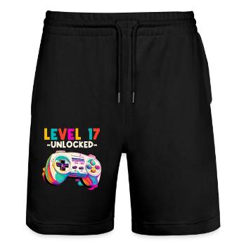 Level 17 Jahre Gaming 17er 17 Geburtstag - Stanley/Stella Unisex Bio Joggingshorts Trainer  - Schwarz - Vorne - Nik (191cm) & Marisol (170cm)