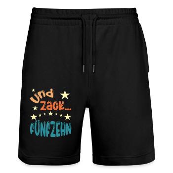 Und zack Fünfzehn - Stanley/Stella Unisex Bio Joggingshorts Trainer  - Schwarz - Vorne - Nik (191cm) & Marisol (170cm)
