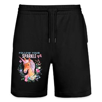 Einhorn, Unicorns mit Blumen und Spruch - Stanley/Stella Unisex Bio Joggingshorts Trainer  - Schwarz - Vorne - Nik (191cm) & Marisol (170cm)