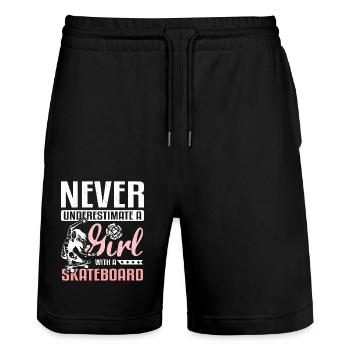 Unterschätze niemals ein Mädchen mit Skateboard - Stanley/Stella Unisex Bio Joggingshorts Trainer  - Schwarz - Vorne - Nik (191cm) & Marisol (170cm)