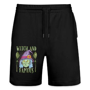 Comic Hexe mit Hexenbesen, lustiger Spruch, Pun - Stanley/Stella Unisex Bio Joggingshorts Trainer  - Schwarz - Vorne - Nik (191cm) & Marisol (170cm)