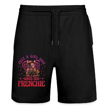 Juste une fille qui aime son bouledogue Frenchie - Short de jogging bio TRAINER Stanley/Stella unisexe - noir - Devant - Nik (191cm) & Marisol (170cm)