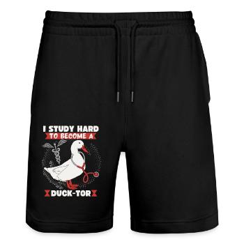 Medical Student, Doctor Joke Comic Duck Doctor Saying - Stanley/Stella Trainer Unisex Organic Jogging Shorts - black - Front - Nik (191cm) & Marisol (170cm)