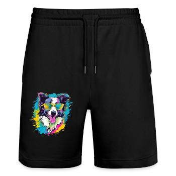 Border Collie Hund Hunderasse - Stanley/Stella Unisex Bio Joggingshorts Trainer  - Schwarz - Vorne - Nik (191cm) & Marisol (170cm)