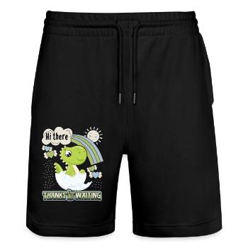 Dinosaur egg with baby dino, newborn saying - Stanley/Stella Trainer Unisex Organic Jogging Shorts - black - Front - Nik (191cm) & Marisol (170cm)