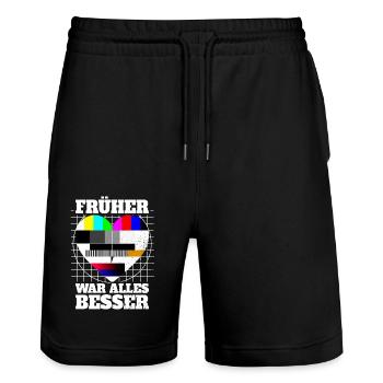 Früher War Alles Besser Testbild 90er Party 80er - Stanley/Stella Unisex Bio Joggingshorts Trainer  - Schwarz - Vorne - Nik (191cm) & Marisol (170cm)
