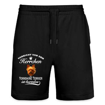 Vorsicht vor Herrchen, harmlos Yorkshire Terrier - Stanley/Stella Unisex Bio Joggingshorts Trainer  - Schwarz - Vorne - Nik (191cm) & Marisol (170cm)