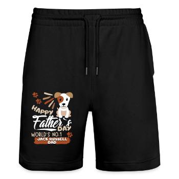 Father's Day Jack-Russell Dad, Father's Day Gift - Stanley/Stella Trainer Unisex Organic Jogging Shorts - black - Front - Nik (191cm) & Marisol (170cm)