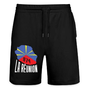 idee cadeau drapeau carte ile de la reunion 974 - Short de jogging bio TRAINER Stanley/Stella unisexe - noir - Devant - Nik (191cm) & Marisol (170cm)