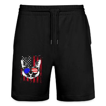 July 4th Cat US Flag - Stanley/Stella Trainer Unisex Organic Jogging Shorts - black - Front - Nik (191cm) & Marisol (170cm)