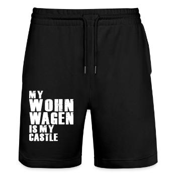 My Wohnwagen is my Castle Denglish Spruch - Stanley/Stella Unisex Bio Joggingshorts Trainer  - Schwarz - Vorne - Nik (191cm) & Marisol (170cm)