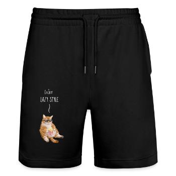 fat cat eating popcorn - Stanley/Stella Trainer Unisex Organic Jogging Shorts - black - Front - Nik (191cm) & Marisol (170cm)