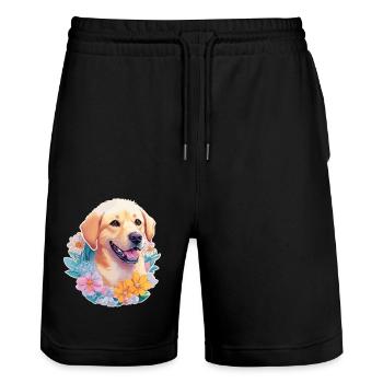 Labrador Retriever Hund mit Blumenkranz Motiv - Stanley/Stella Unisex Bio Joggingshorts Trainer  - Schwarz - Vorne - Nik (191cm) & Marisol (170cm)
