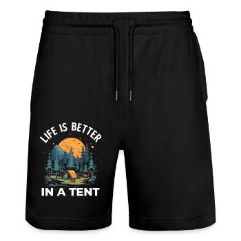 Life is Better in a Tent Camping Hiking - Stanley/Stella Trainer Unisex Organic Jogging Shorts - black - Front - Nik (191cm) & Marisol (170cm)