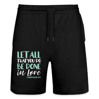 Tout ce que vous faites doit être fait dans l’amour - Short de jogging bio TRAINER Stanley/Stella unisexe - noir - Devant - Nik (191cm) & Marisol (170cm)