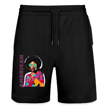 Femme noire avec lettrage américain - Short de jogging bio TRAINER Stanley/Stella unisexe - noir - Devant - Nik (191cm) & Marisol (170cm)