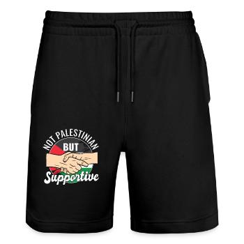 Not Palestinian But Supportive Country Traveler - Stanley/Stella Trainer Unisex Organic Jogging Shorts - black - Front - Nik (191cm) & Marisol (170cm)