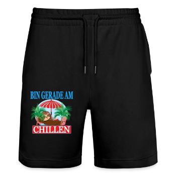 Chiller Bin gerade am chillen Auftrags chiller - Stanley/Stella Unisex Bio Joggingshorts Trainer  - Schwarz - Vorne - Nik (191cm) & Marisol (170cm)