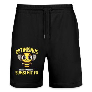 Optimismus heißt umgekehrt Sumsi Mit Po - Stanley/Stella Unisex Bio Joggingshorts Trainer  - Schwarz - Vorne - Nik (191cm) & Marisol (170cm)