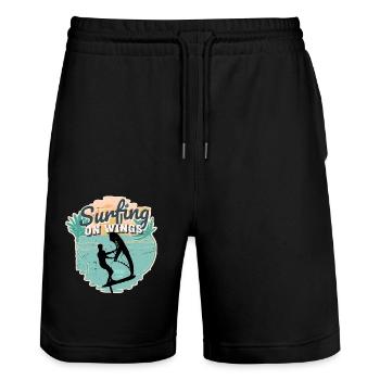 Surfing on Wings Hydrofoil Wingfoil Wingfoiling - Stanley/Stella Unisex Bio Joggingshorts Trainer  - Schwarz - Vorne - Nik (191cm) & Marisol (170cm)