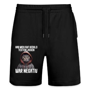 Hab mich auf Geduld testen lassen war bin negativ - Stanley/Stella Unisex Bio Joggingshorts Trainer  - Schwarz - Vorne - Nik (191cm) & Marisol (170cm)