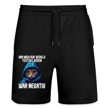 Hab mich auf Geduld testen lassen war bin negativ - Stanley/Stella Unisex Bio Joggingshorts Trainer  - Schwarz - Vorne - Nik (191cm) & Marisol (170cm)