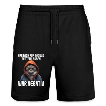Hab mich auf Geduld testen lassen war bin negativ - Stanley/Stella Unisex Bio Joggingshorts Trainer  - Schwarz - Vorne - Nik (191cm) & Marisol (170cm)