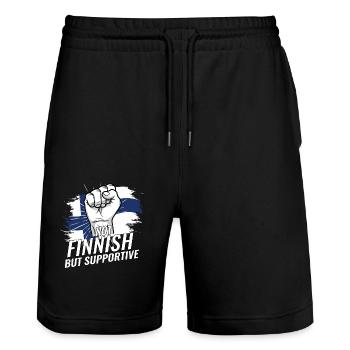 Not Finnish But Supportive Finland Flag Country - Stanley/Stella Unisex Bio Joggingshorts Trainer  - Schwarz - Vorne - Nik (191cm) & Marisol (170cm)