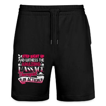 Massage Therapist Massage Therapist In Action - Stanley/Stella Trainer Unisex Organic Jogging Shorts - black - Front - Nik (191cm) & Marisol (170cm)