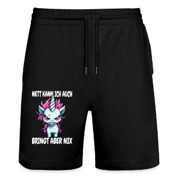 Böses Einhorn Nett Kann Ich Auch Bringt Aber Nix - Stanley/Stella Unisex Bio Joggingshorts Trainer  - Schwarz - Vorne - Nik (191cm) & Marisol (170cm)
