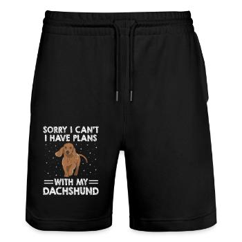 Tut mir leid, ich kann nicht, ich habe Pläne mit meinem Dackelhund L - Stanley/Stella Unisex Bio Joggingshorts Trainer  - Schwarz - Vorne - Nik (191cm) & Marisol (170cm)
