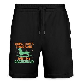 Tut mir leid, ich kann nicht, ich habe Pläne mit meinem Dackelhund L - Stanley/Stella Unisex Bio Joggingshorts Trainer  - Schwarz - Vorne - Nik (191cm) & Marisol (170cm)