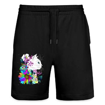 weiße Katze in bunten Fantasie Blumen - Stanley/Stella Unisex Bio Joggingshorts Trainer  - Schwarz - Vorne - Nik (191cm) & Marisol (170cm)