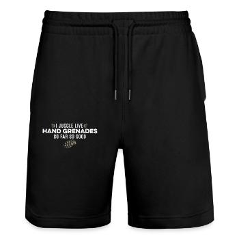 I Juggle Live Hand Grenades So Far So Good Funny - Stanley/Stella Trainer Unisex Organic Jogging Shorts - black - Front - Nik (191cm) & Marisol (170cm)