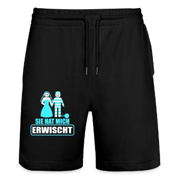 Junggesellenabschied Polterabend JGA Männer - Stanley/Stella Unisex Bio Joggingshorts Trainer  - Schwarz - Vorne - Nik (191cm) & Marisol (170cm)
